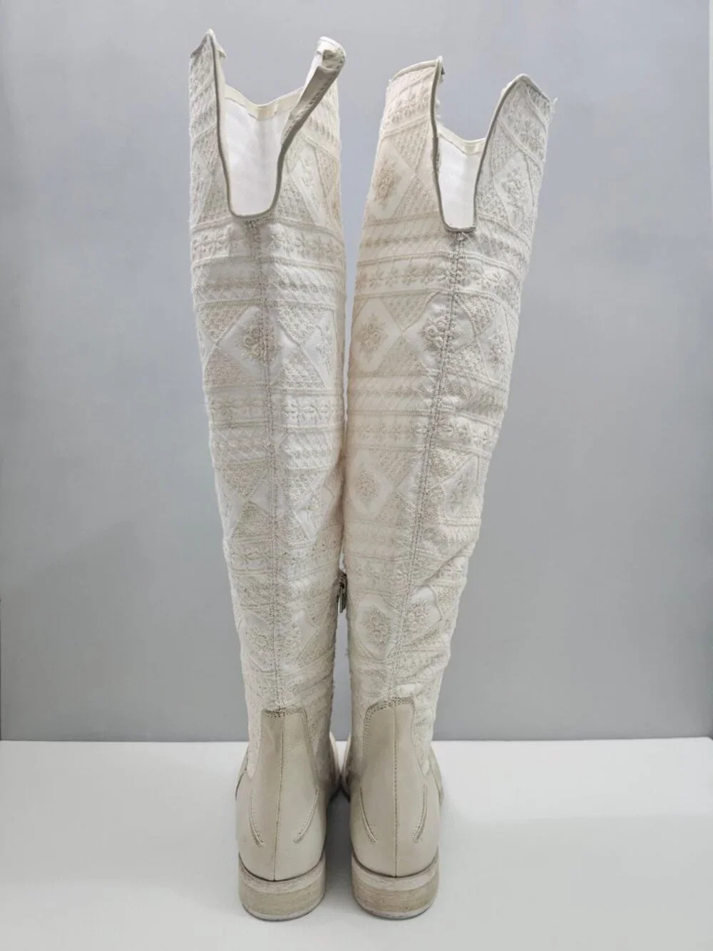 Free People Bren Knee High Boot Womens EU 38 Cream Embroidered Slouchy Boho
